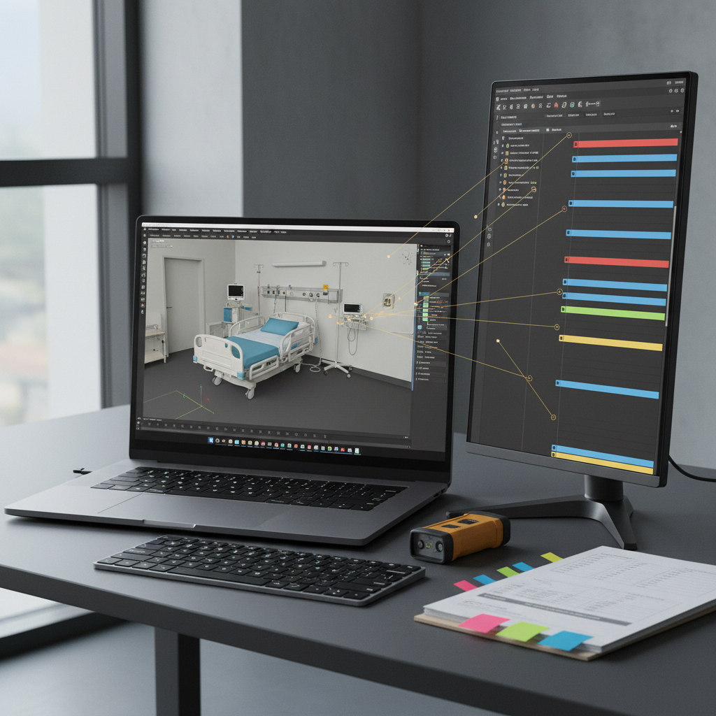 An ultra-clean digital workspace with a high-end laptop and a secondary vertical monitor, both showing different views of a parametric BIM model for a modern hospital project: one window highlights a detailed room layout with medical equipment families, while the other displays a construction schedule linked to model elements. A dark gray desk supports an external keyboard, a laser distance measurer, and a small stack of printed issue logs with colored tabs. Cool, diffused daylight from a north-facing window provides soft, shadowless lighting, creating a calm, focused atmosphere. Captured from a three-quarter angle with balanced composition and crisp photographic realism, the scene emphasizes custom digital workflows and well-organized project data rather than generic office imagery.
