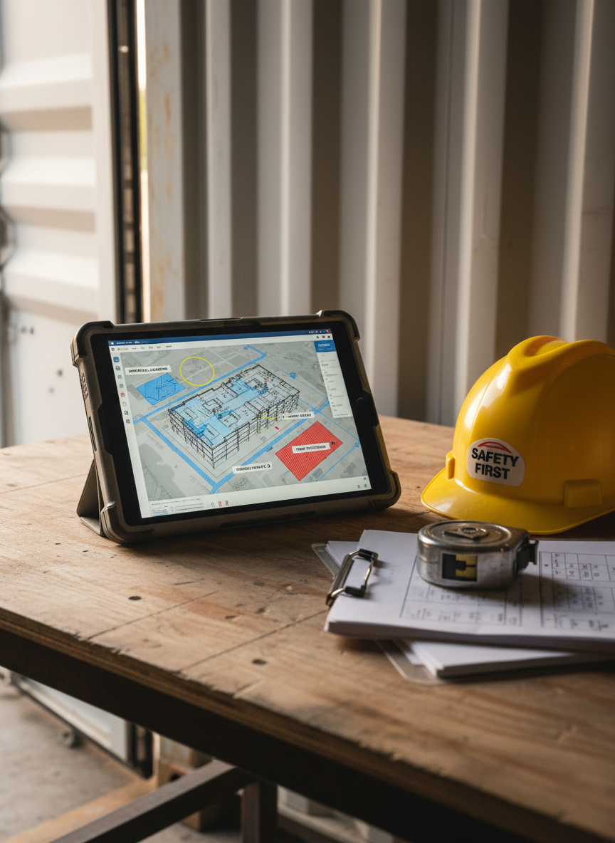 A rugged tablet with a rubberized gray casing displays a BIM-based 3D floor plan overlaid on a high-resolution site logistics map for an active construction site, with clear zones for materials, crane reach, and temporary structures. The tablet rests on a weathered plywood workbench beside a bright yellow hard hat, a metal tape measure, and a stack of laminated phasing diagrams. Late afternoon natural light filters through an open site container door, casting long, soft shadows and warm highlights on the surfaces. Shot from a close, slightly angled top-down perspective with shallow depth of field, the focus stays on the digital model, conveying practical, on-site project management in a documentary-style, realistic photograph.