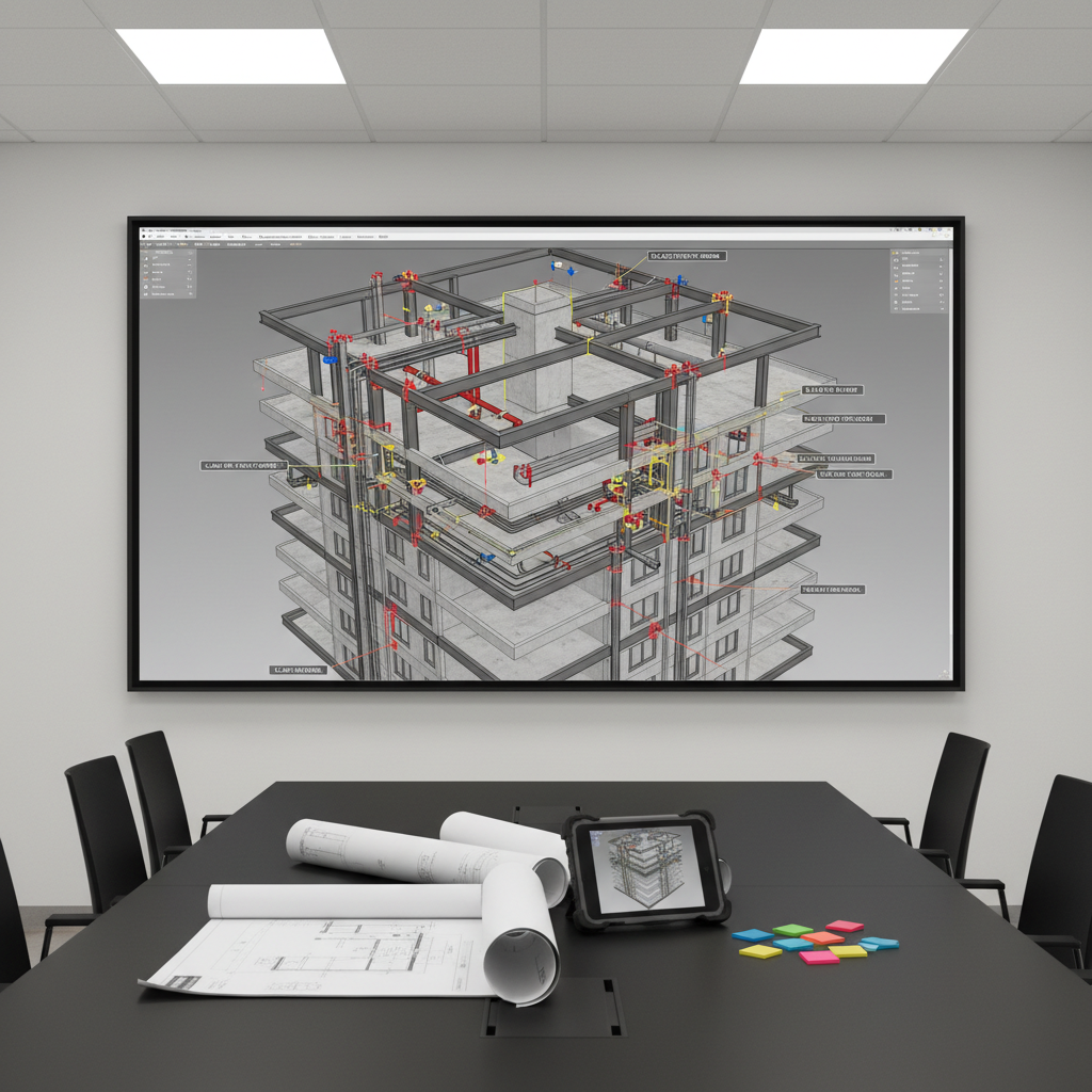 A large wall-mounted screen in a minimalist project office shows a federated BIM coordination view, where clash detection results appear as highlighted intersections between pipes, beams, and cable trays in a realistic 3D model of a complex building core. Below the screen, a long matte black conference table holds open rolled-up blueprints, a rugged construction tablet, and color-coded sticky markers. Overhead LED panel lighting provides bright, neutral illumination, eliminating harsh shadows and giving a crisp, analytical mood. Captured from a slightly elevated angle using rule-of-thirds composition, the photographic image conveys focused, authentic coordination work for a real construction project, not a generic stock scene.