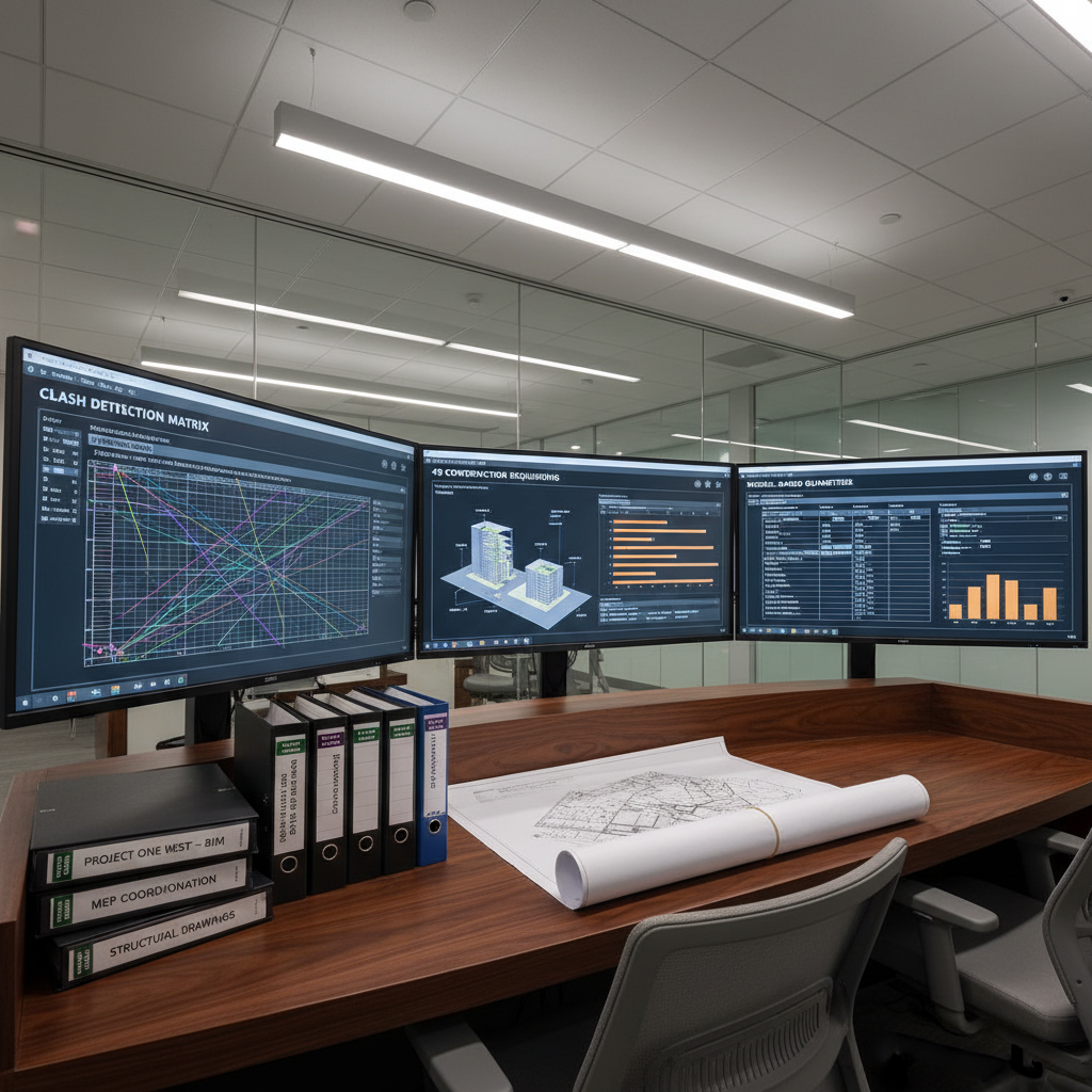 A panoramic view of a coordination room featuring three large monitors arranged side by side, each displaying different BIM coordination dashboards: clash matrices, 4D construction sequencing, and model-based quantities for a high-rise residential tower. The monitors sit on a long, dark wood console, with neatly stacked project binders and a rolled-up site plan at one end. Ceiling-mounted linear LED fixtures wash the room in even, neutral light, giving the space a bright, analytical feel. Photographed from a wide-angle, slightly low perspective to emphasize the screen wall, with sharp focus and minimal visual clutter, the image feels like an authentic, high-tech command center for managing complex construction projects using BIM.