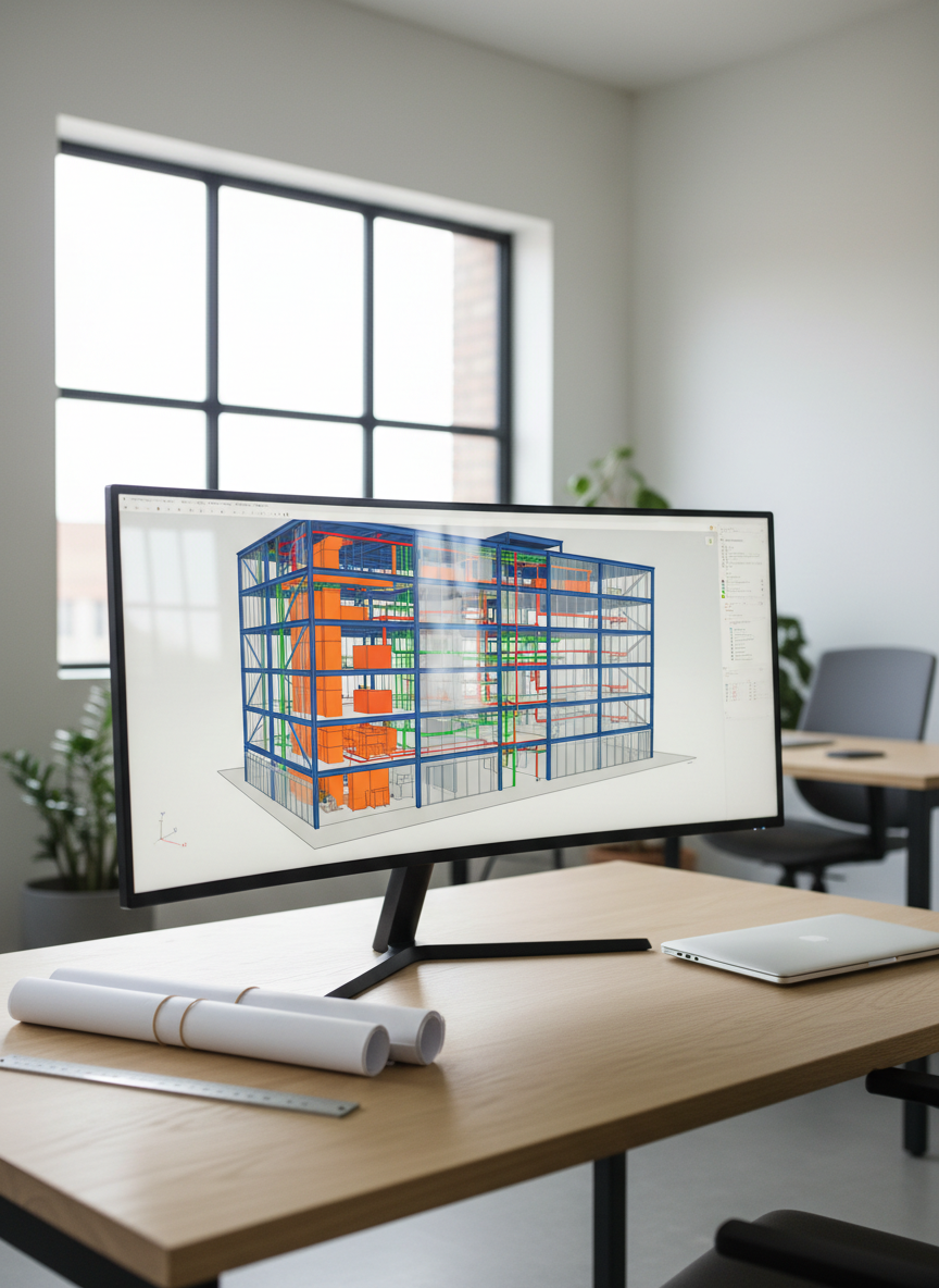 A sleek ultra-wide computer monitor displaying a detailed 3D BIM model of a mid-rise office building, with structural elements, HVAC ducts, and MEP systems clearly color-coded and layered. The monitor stands on a clean, light oak desk surrounded by neatly arranged construction drawings, a metal scale ruler, and a closed laptop. Soft daylight from a large nearby window casts even, diffused light across the workspace, creating subtle reflections on the screen. Photographed at eye level with sharp focus throughout, the composition feels organized and professional, emphasizing precise digital coordination in a real construction project setting with photographic realism and a clean, modern aesthetic.
