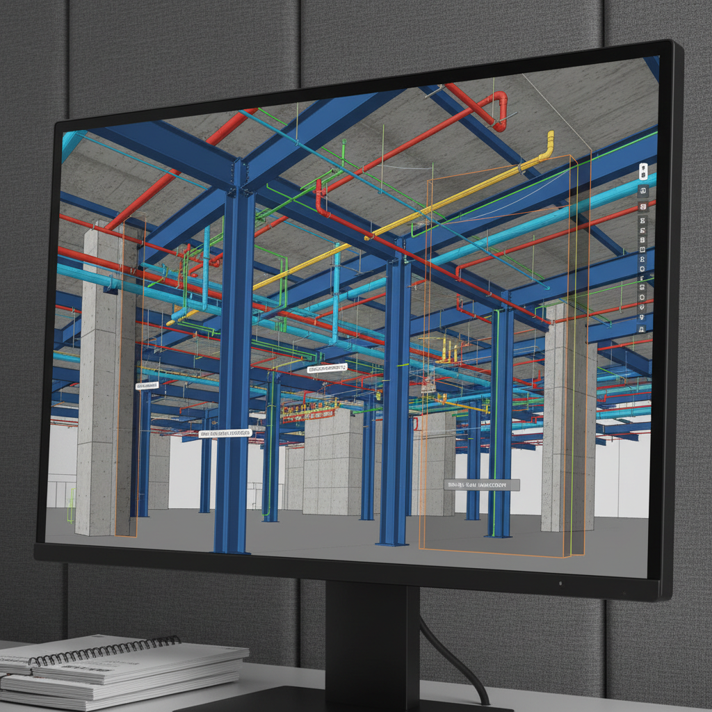 A close-up, side-on photographic view of a high-resolution monitor running a BIM coordination session, where a complex junction of structural steel, concrete cores, and dense MEP routing is visible in vivid detail. Color-coded systems weave through an exposed ceiling zone, with section cuts and annotation markers hinting at active issue tracking. The monitor’s matte black bezel contrasts with a textured gray fabric wall behind it, and a stack of printed coordination reports sits just in frame at the bottom edge. Soft, cool-toned desk lighting illuminates the scene without glare, creating a focused, technical mood. The composition uses a shallow depth of field, keeping the junction and on-screen model crisp while subtly blurring the surroundings for a modern, professional aesthetic.